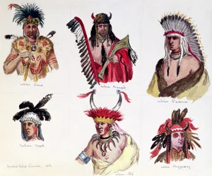 Portretten van zes Amerikaanse Indianen uit de Sioux, Renard, Pawnee, Creek, Otto en Chippewa stammen, 1861